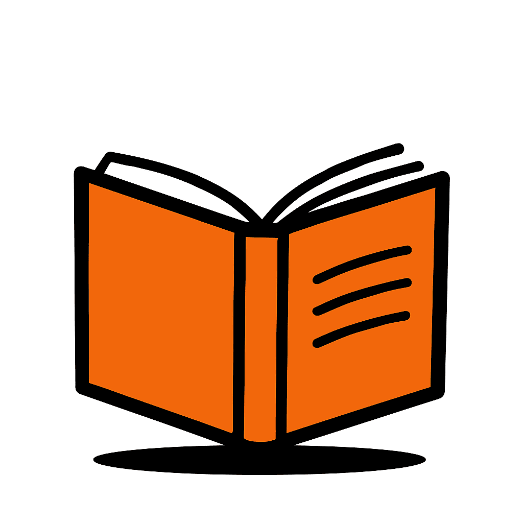 Libro arancione aperto e illustrato